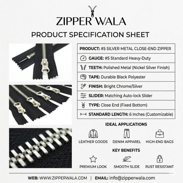#5 Silver Metal Zippers Manufacturer India