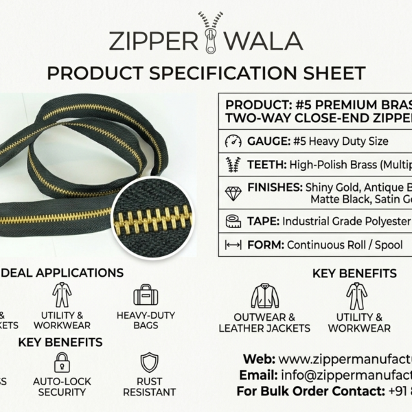 #5 Brass Coverall Zipper 24 inch Golden Finish Wholesale Pack