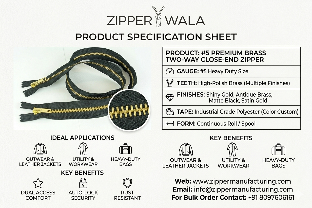brass-coverall-zipper-24-inch.png #5 Brass Coverall Zipper 24 inch Golden Finish Wholesale Pack