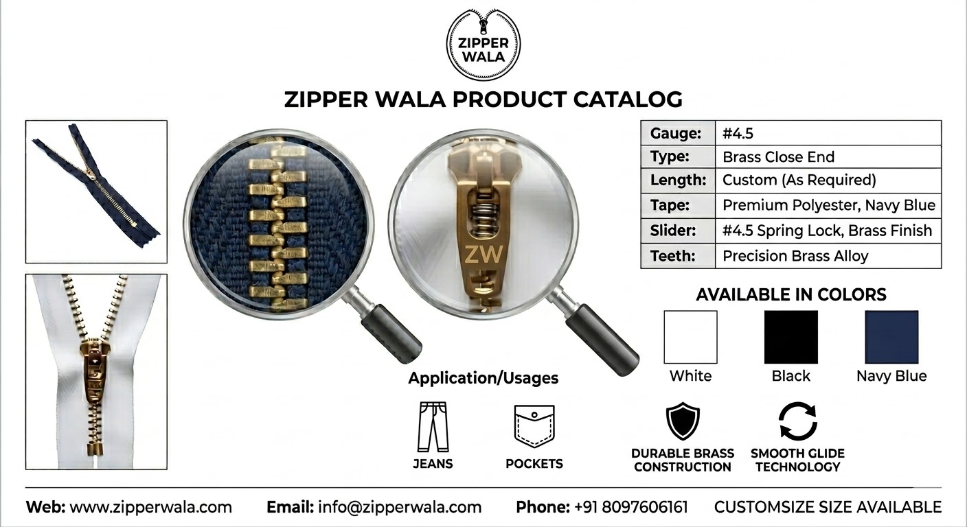 zipperwala 4.5 zipper Golden Finish Metal Zippers for jeans and denim